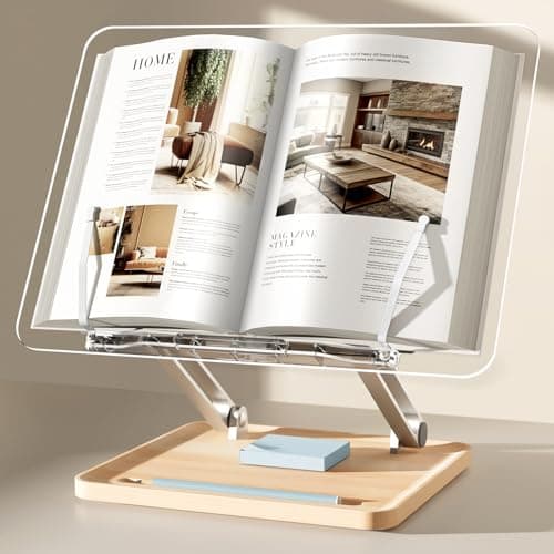 Adjustable Acrylic Book Stand for Reading, Book Holder with Pen Slot, Foldable Desktop Riser for Laptop, Recipe, Textbook - Hands-Free,Cookbook Stand, Clear Design with Page Clips