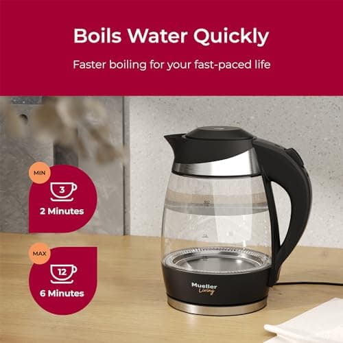Mueller Living Electric Kettle, Electric Tea Kettle for Boiling Water, 1500W SpeedBoil with Automatic Shutoff, 1.8L Cordless with LED Light, Borosilicate Glass Tea Kettle Pot Water Heater, BPA Free 5