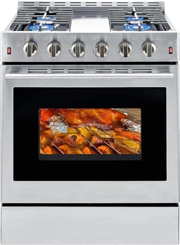Freestanding Gas Range Stove 30 inch Gas Cooktop Stove 5.56 cu.ft. Large Convection Oven,4 Burners 42000BTU,3 Layers Tempered Glass Door Heavy Duty Stainless Steel