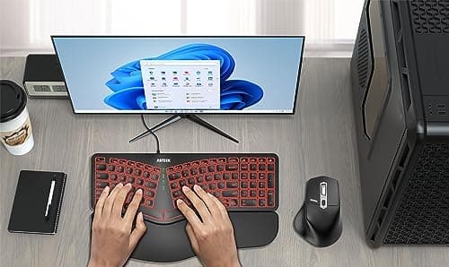 Arteck Ergonomic USB Wired Keyboard with Cushioned Wrist & Palm Rest, Backlit 7 Colors & Adjustable Brightness Comfortable Natural Split Keyboard with 6 Feet Wire for Windows Computer Desktop Laptop 7