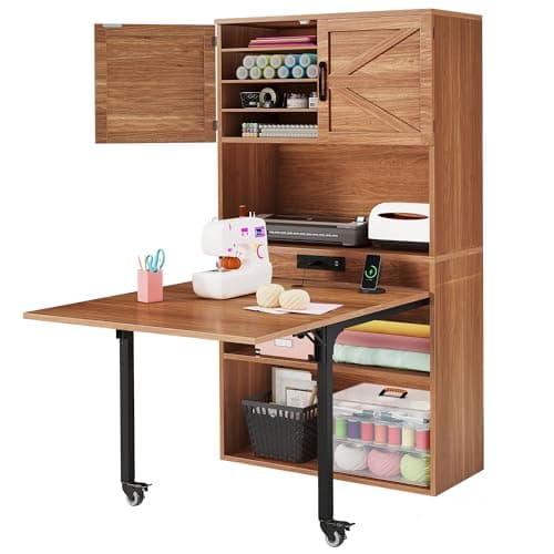 DWVO Sewing Craft Table with Storage, Craft Armoire with Fold-Out Table and USB Power Outlets, Large Capacity Sewing Cabinet with Adjustable Shelves for Home or Studio