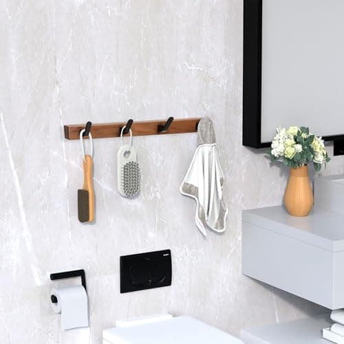 IURRDOP 17 Inch Walnut Wood Wall Mounted Coat Rack with 4 Black Hooks, Adhesive Mounted Entryway Hooks, Modern Natural Wooden Pegs for Hanging Coat Clothes Hat Bag Purse Key and Towel 5