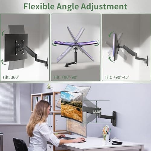 UPGRAVITY Computer Monitor Wall Mount w/VESA Extension Kit for 13-34 inch Flat/Curved Screen, Gas Spring Height Adjustable Wall Mount Monitor Arm Holds up to 26.5lbs, Max 200x200mm 5
