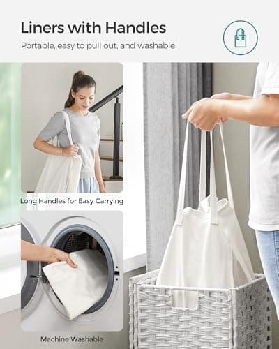 SONGMICS Laundry Hamper with Lid, 17.2 Gallon (65 L) Synthetic Rattan Clothes Laundry Basket with Lid and Handles, Foldable, Removable Liner, Cloud White ULCB165W01 6