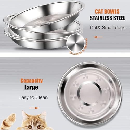 6 Pcs Stainless Steel Cat Bowls Shallow Wide Food Bowls for Cats Replacement Whisker Fatigue Relief for Small Dogs and Cats Indoors (Silver) 6