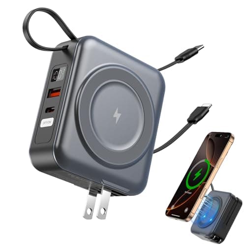 for Magsafe Portable Charger with AC Wall Plug, 6-in-1 Magnetic Wireless Power Bank 10000mAh Built-in Cables, 22.5W Type-C in&Out Fast Charging Battery Pack for iPhone 17/16/15/14/13/12 Series, Gray