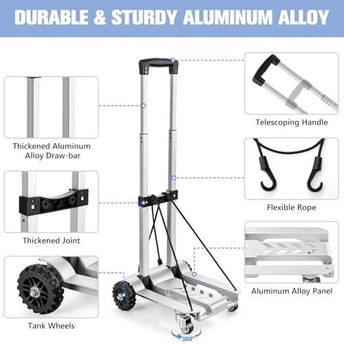KEDSUM 270LBS Utility Luggage Cart with 4 Wheels, 100% Aluminum Hand Truck Dolly, Folding Hand Truck with Advanced Tank Wheels, Portable Dolly Cart for Luggage, Travel, Shopping, Office Use 6