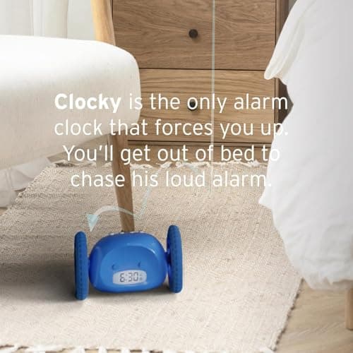 CLOCKY Alarm Clock on Wheels – Loud Rolling Alarm Clock for Heavy Sleepers | Runaway Clock That Jumps & Runs to Wake You Up | Funny Unique Gift for Adults, Teens & Kids Bedrooms (Blue) 7
