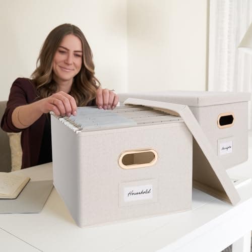 ZICOTO Decorative File Organizer Box Set of 2 - Collapsible Linen Filing Cabinets w/Handles Are Perfect to Store all Your Documents & Hanging File Folders - Portable Easy Slide Crates with Lid 6