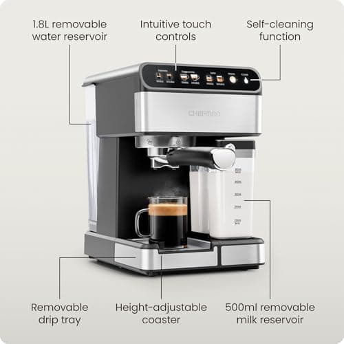 Chefman CaféMaster Pro Espresso Machine, Brew Single or Double Shots, Coffee Maker with Built-In Milk Frother for Cappuccino & Latte, XL 1.8 Liter Removable Water Reservoir - Stainless Steel 7