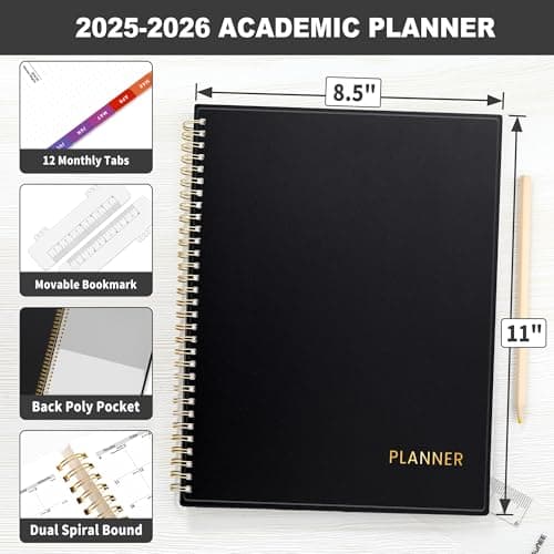 SUNEE Academic Planner 2025-2026 Weekly and Monthly, July 2025-June 2026, 8.5"x11", Tabs, Note Pages, Pockets, Bookmark, Flexible Cover, Spiral Binding, Black 4