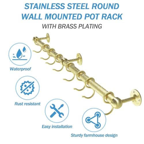 ROTHLEY Stainless Steel Pot and Pan Hanger - 39.4 Inch Wall Mounted Hanging Pots and Pans Rack for Kitchen Wall Rail with Hooks (Brass) 3