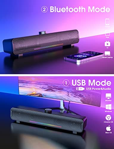 NOOTRY Computer Speakers, Bluetooth RGB Laptop SoundBar, 16W Dual HiFi Stereo with 6 LED Color Mode Soundbar, USB Powered Computer Speakers for Monitor, Phone, PC, Laptop 5