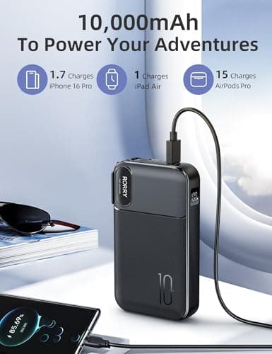 RORRY Portable Charger Built in Cables, AC Wall Plug In Portable Charger Power Bank 10000mAh Travel Battery Pack 22.5W Fast Charging for iPhone 17/16/15 Samsung Galaxy S24/S23/S22 Pixel LG iPad, Black 5