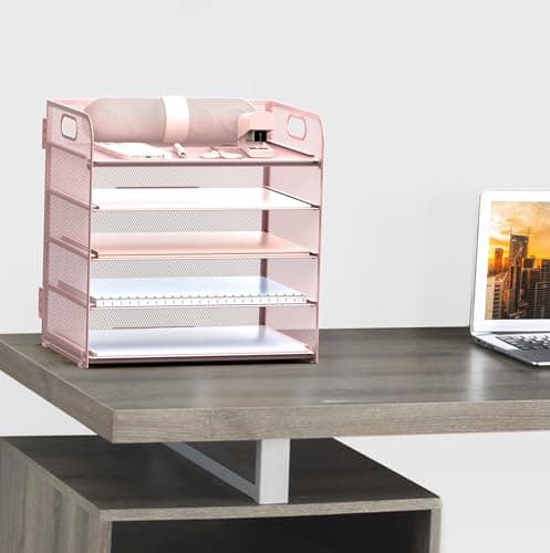 Sinboun Letter Tray Paper Organizer 5-Tier Desk Organizer File Organizer Paper Holder with Handle, Metal Desktop Document Shelf Tray Office Classroom Organization - Pink, PK5CENGTISHOU 5
