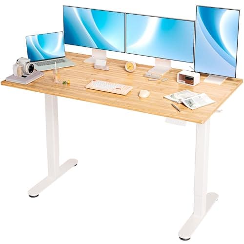 INNOVAR Bamboo Electric Standing Desk, 55x24 Inches Adjustable Height Stand up Desk with Whole Piece Desktop, Sit Stand Home Office Desk White Frame/Bamboo Top