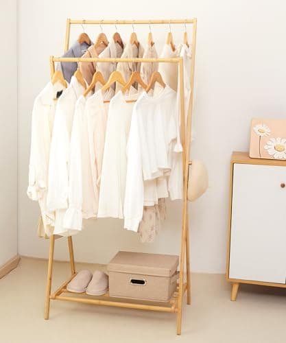 Cozivolife Bamboo Clothes Rack with Storage Shelf, Portable Garment Holder Clothing Hanger for Hanging Cloth, Foldable Wardrobe Storage for Entryway and Bed Room (Natural) 8