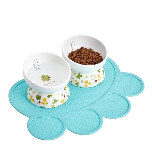 Howise Ceramic Elevated Cat Food and Water Bowls - 2 Pack Small Dog Feeding Set With Tilted Design and Anti-Slip Silicone Mat