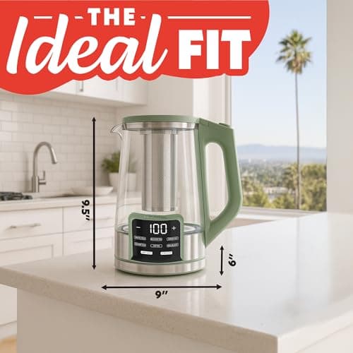 Gourmia Electric Glass Kettle – 1.7L Programmable Tea & Coffee Brewer with Digital Touch Display, 6 Presets, Removable Stainless Steel Infuser, Cordless with 360° Swivel Base, Green 9
