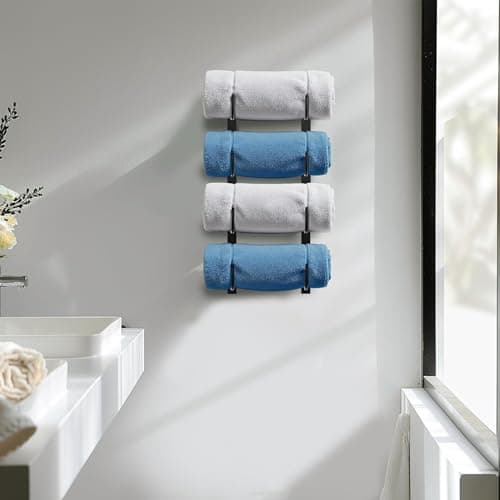 Bathroom Rolled Towel Rack: 4-Tier Wall Mounted Towel Storage Holder, Hanging Organizer for Towels, Blankets, Large Bath Sheets, Space Saving in RV, Closet, Toilet, Cabinet, Black Metal 8