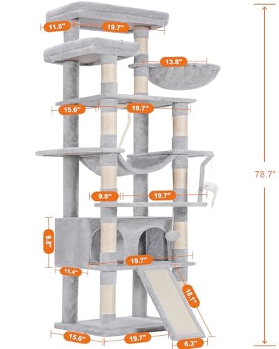 Heybly Tall Cat Tree, 78-inch Multi-Level Cat Tower for Indoor Cats, 2 Widened Plush Perches Cat Condo with Scratching Board and Big Caves, Light Gray HCT033W 5