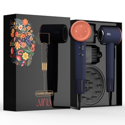 AINA Hair Dryer,Blow Dryer with Diffuser Brush Comb for Women - BLDC Hair Dryer - Brushless Motor, 110,000 RPM Lightweight,Ionic Travel, 3 Magnetic Attachments 110V/ALCI(Blue Golden)