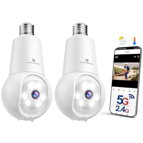 SYMYNELEC Light Bulb Security Camera: 5G WiFi Socket Camera Outdoor - Wireless Lightbulb Camera Waterproof for Home with Night Vision Motion Detection 2Packs