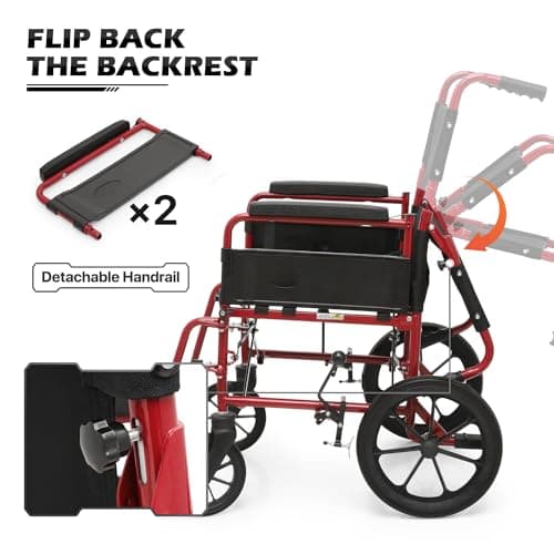 monicare Folding Transport Wheelchair for Adults, Heavy-Duty Wheel Chair with Padded Armrest and Swing-Away Footrest, 18 Inch Wide Seat Transport Chair for Seniors, 300Lbs Capacity, Red 9