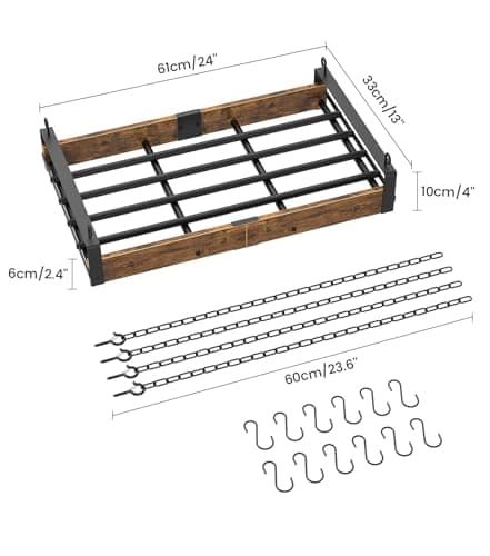 Creso hom Hanging Pot Rack, 24x13 Inch Pot Hangers for Kitchen with 12 S-Shaped Hooks, Vintage Ceiling Mounted Pan Holder with Raised Edges for Cookware Storage, Rustic Brown and Classic Black 6