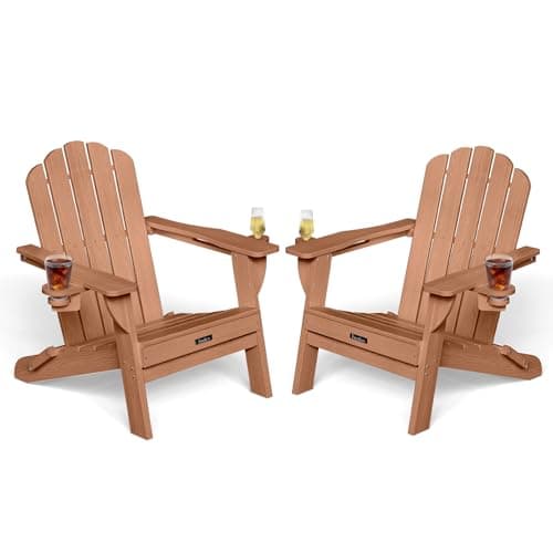 Eesdom Adirondack Chairs Set of 2, HDPE Material Fire Pit Chairs, Plastic Adirondack Chairs with 2 Cup Holder, Outdoor Lawn Chair for Patio Garden，Teak