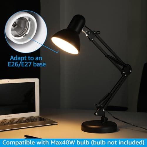 TORCHSTAR Metal Desk Lamp with Clamp, Swing Arm, Architect Adjustable Gooseneck Table Lamp, Clip Desk Lights for Home Office, Work, Study, Reading, E26 Base, Multi-Joint, Black 7