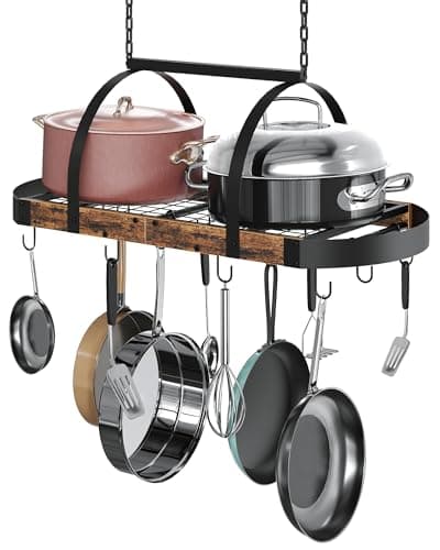 CHOEZON Hanging Pot Rack, Pot Hanger for Kitchen, Ceiling Mounted Pot Holder, Cookware Organizer with 12 S-Shaped Hooks, for Pot, Pan Storage, Space Saver, Rustic Brown and Black TPR08BF 7