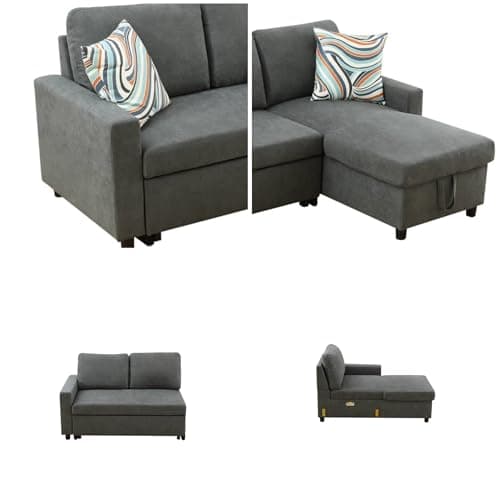 GlasFlength Sofa Bed Pull Out Couch, Lounge L Shaped Sleeper Sofa with Reversible Storage Chaise, 83" Modern Convertible Small Sectional Couches for Living Room Small Spaces, Grey 5