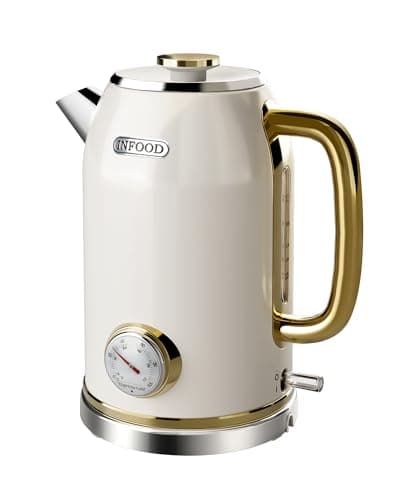 INFOOD Retro Electric Kettle 1.8L/60.8oz with Thermometer - 1200W Fast Boiling Stainless Steel Tea Kettle with Water Level, BPA-Free, Auto Shut-Off, Boil-Dry Protection, Pearl White