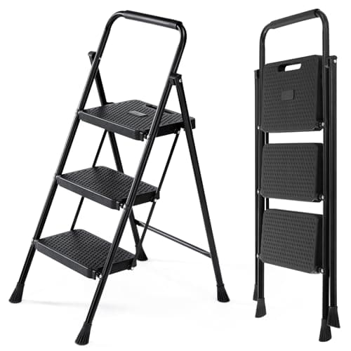 Smug Step Ladder, 3 Step Stool Foldable with Anti-Slip Pedal & Comfortable Handrail, 800lbs Capacity Sturdy Steel Ladder, Protable Heavy Duty Step Stool for Kitchen, Garage & Outdoor Use, Black