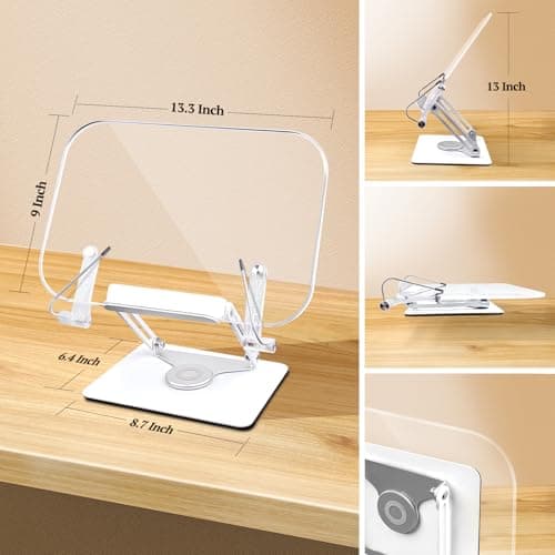 VECOFO Acrylic Adjustable Book Stand, 360° Swivel Base, Foldable Holder for Reading, Laptop, Tablet, PC, eReader 6