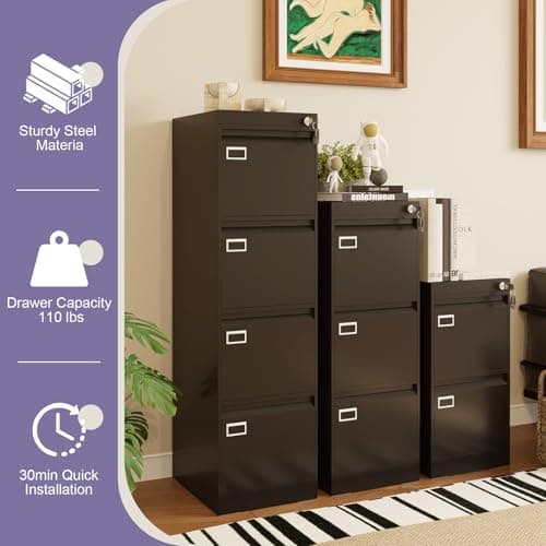 2 Drawer Metal File Cabinet with Lock, Black Locked Filing Cabinets, Vertical Small File Cabinet with Key, Under Desk Filing Cabinets for Home Office 8