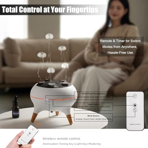 Holwim Essential Oil Jellyfish Diffuser, Aromatherapy Diffuser, 250ml Ultrasonic Cool Mist Humidifier, Music Sync Jelly Fish Diffuser with 7 Colors Light, Remote, Timer for Home Office (White) 6
