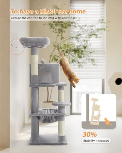 PETEPELA 45.7" Cat Tree for Indoor Cats, 5-Level Cat Tower for Large Cats with Metal Frame Large Hammock (17.3"x15.3"), Cat Condo with (18.5"x13") Big Top Perch & 4 Sisal Covered Scratching Post Grey 7
