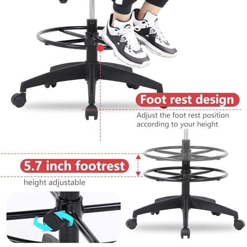 BestOffice Drafting Chair Tall Office Chair Adjustable Swivel Rolling Mesh Height with Lumbar Support Arms Footrest Mid Back for Adults Standing Desk Drafting Stool(Black) 5