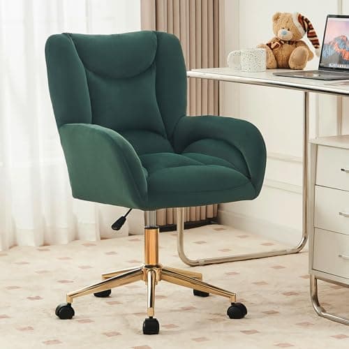 FOXHUNTER Vanity Chair with Ergonomic Back & Wheels, 360° Swivel Accent Chair, Adjustable Height Home Office Chair for Living Room, Bedroom (Velvet, Green)