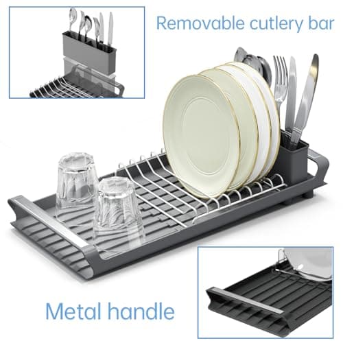 TOOCA BEAR Expandable Small Dish Drying Rack Dish Racks for Kitchen Countertop Compact Dish Drainer with Removable Cutlery Holder Dish Racks for Sink,Grey 5