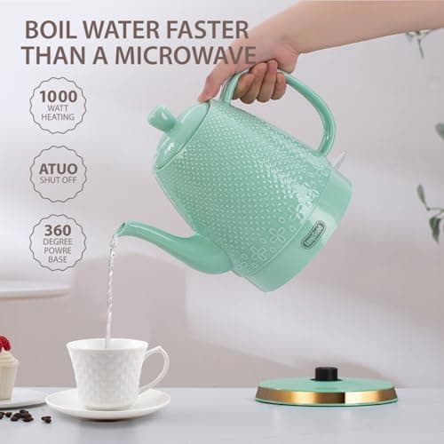 LONGSEED 1.2-Liters Ceramic Electric Kettle Pot, 1000W Fast Boil Water For Coffee & Tea, Automatic Shut-Off, Boil Dry Protection, Retro Gooseneck Teapot BPA Free Boiler 5