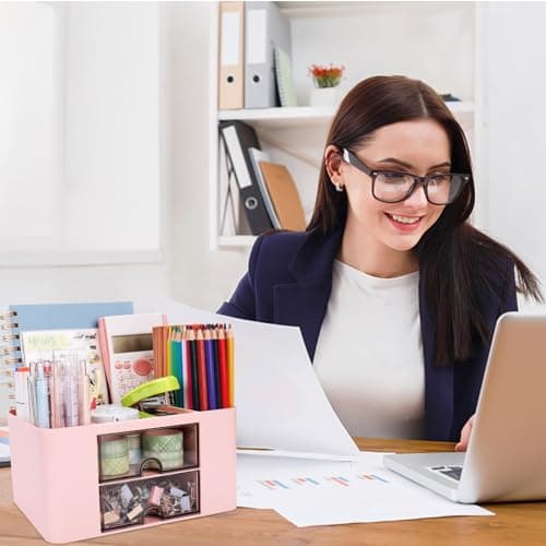 Meiikun Plastic Pen Organizer, Multifunctional Desk Organizer with 2 Drawers, 4 Compartments & a Top Tray, Pencil Holder Desktop Organizers and Accessories for Office, 7.7" x 5.5" x 3.9" (Pink) 7