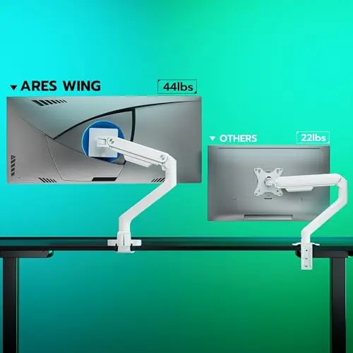 ARES WING Ultrawide Monitor Arm White for 17 to 49 Inch Heavy Duty Curved Screen, Holds 44 Lbs, Adjustable Gas Spring Monitor Arm Desk Mount with C Clamp, Grommet Base, 75/100 Vesa Mount 2