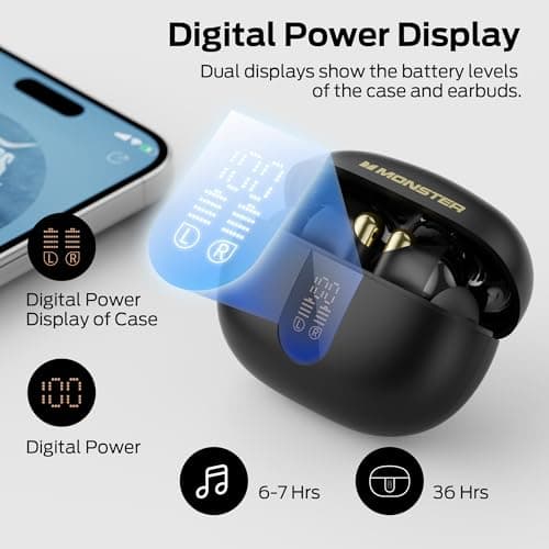Monster N-Lite 211 Wireless Earbuds， Bluetooth 6.0 Stereo Headphones with Noise-Cancelling Mic and LED Display, Built-in Mic for Clear Calls, Waterproof Design for Sports 5