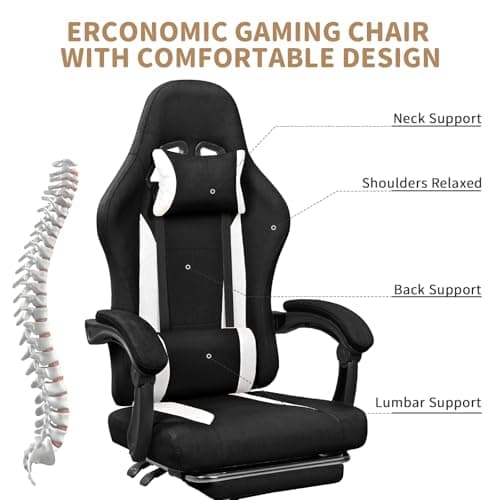 ErgoDesign Breathable Fabric Gaming Chair with Footrest, Height Adjustable Game Chair, Video Gaming Chair for Gaming Room, Living Room and Office - Black/White 5