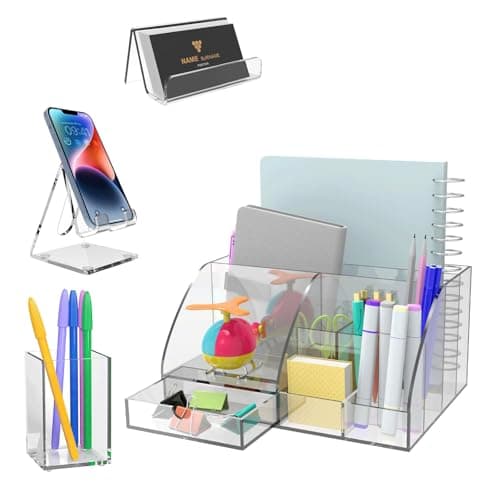EMOMAS Clear Acrylic Desk Organizer with Pen, Phone, Business Card Holders, Multi-Purpose Office Accessory for Home, Office, School, Workshop, Kitchen