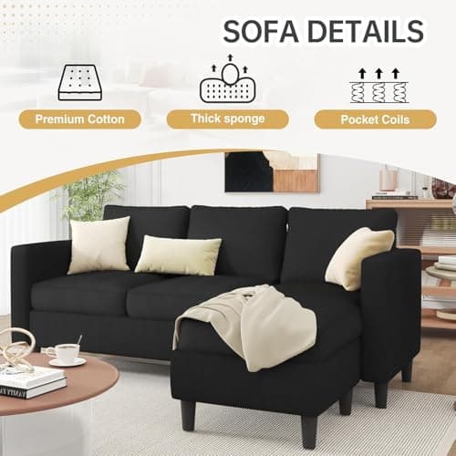 JAMFLY 3-Seat Convertible L-Shaped Sectional Sofa with Reversible Ottoman, Upholstered Fabric Couch for Small Living Rooms, Modern Modular Couch for Apartment, Studio & Loft, Black 6