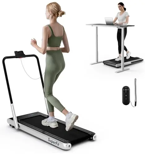 Goplus 2 in 1 Folding Treadmill, 340 LBS Capacity Walking Pad with Handle Bar, Under Desk Treadmill with Apps, Remote Control, LED Display, Foldable Portable Treadmills for Home Small, Office (Silver)